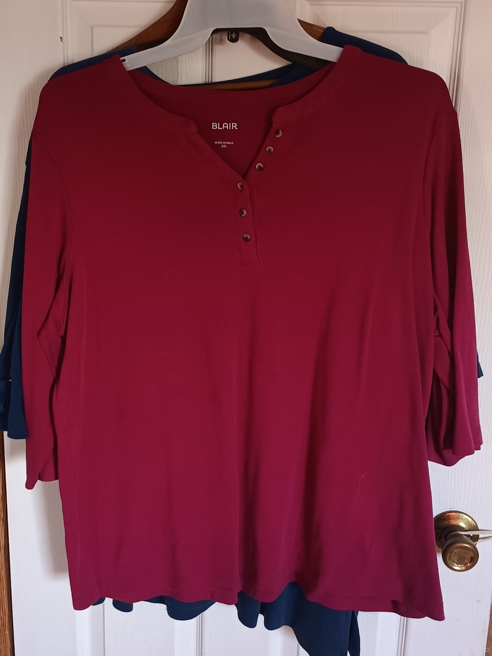 Blair Women's Deep Burgundy  3/4 Sleeve Henley with Button Placket